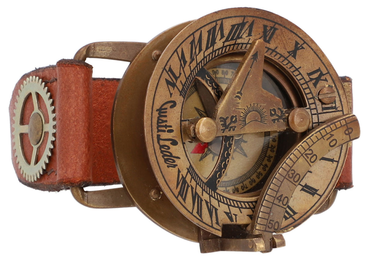 Orologio Da Polso Steampunk Con Bussola E Meridiana - In Ottone E Pelle, Stile Nautico - Foto 9